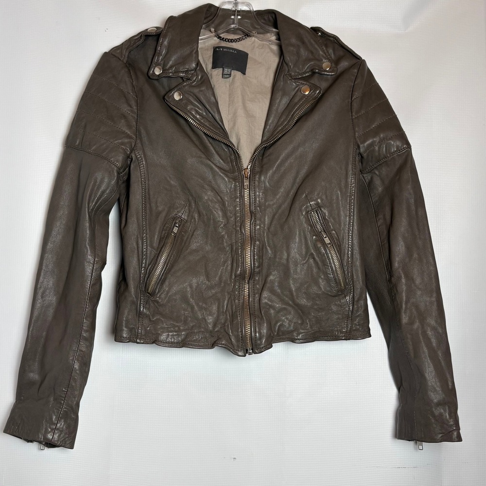 Muubaa Brown Premium Lamb Leather Biker Moto Jacket Women US 8 Quilted Shoulder